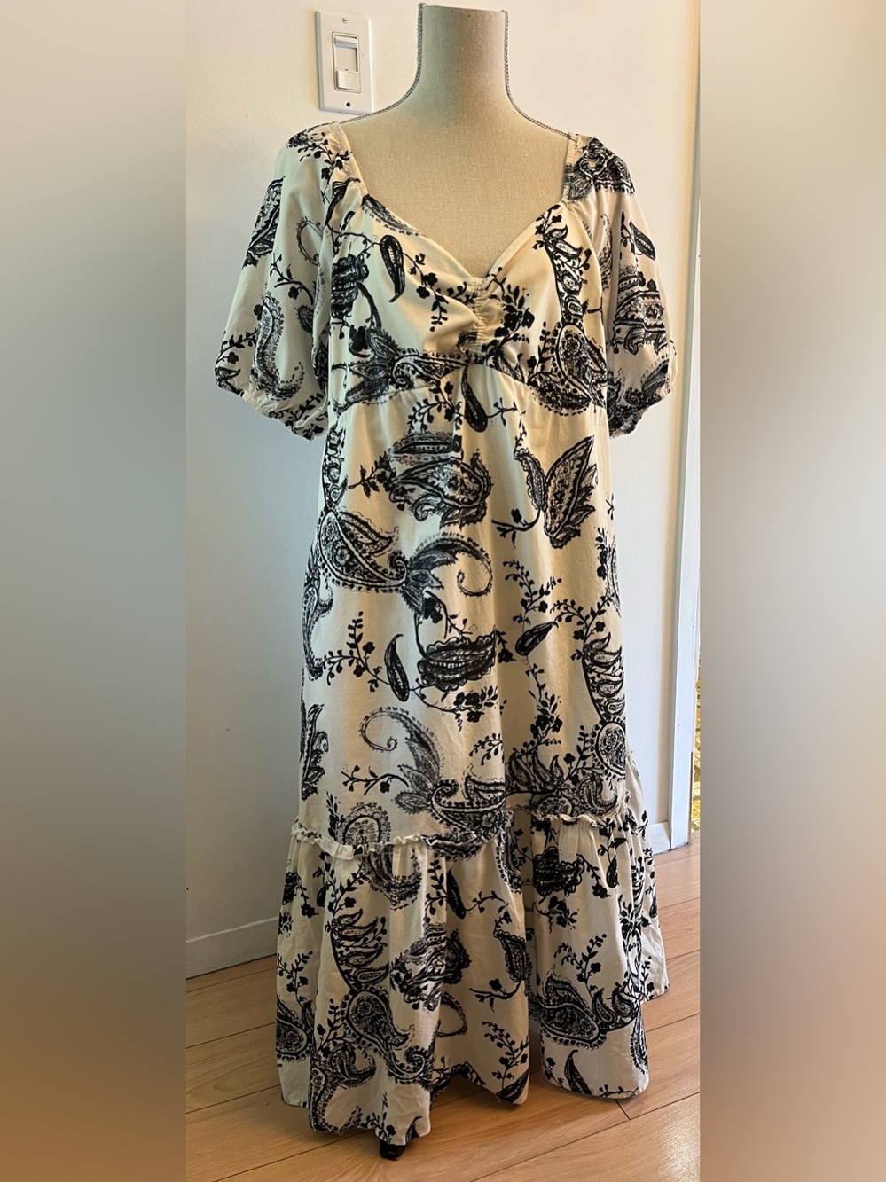 Mexx Paisley Maxi Dress XL Navy White Puff Sleeve Tiered Smocked Cotton Pockets